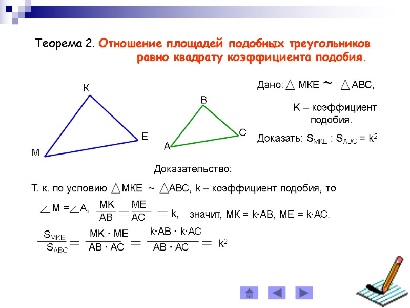 Теорема 2. Отношение площадей подобных треугольников        